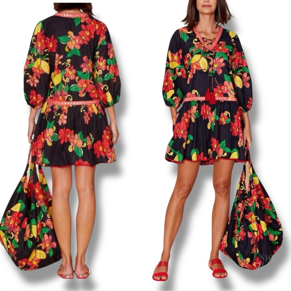 ModaPosa Susana Mini Dress Drop Waist Floral Citrus Print Medium